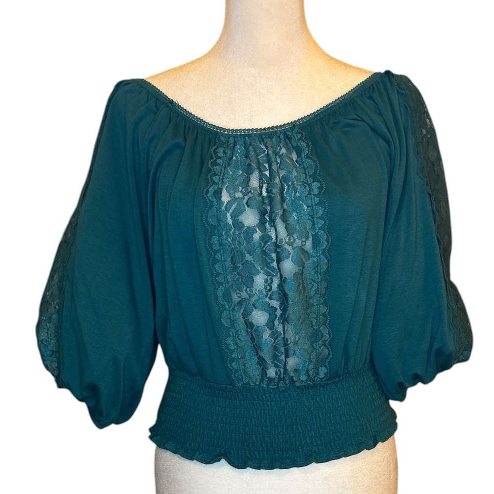 Body Central Teal Lace-Paneled Off-Shoulder Peasant Top